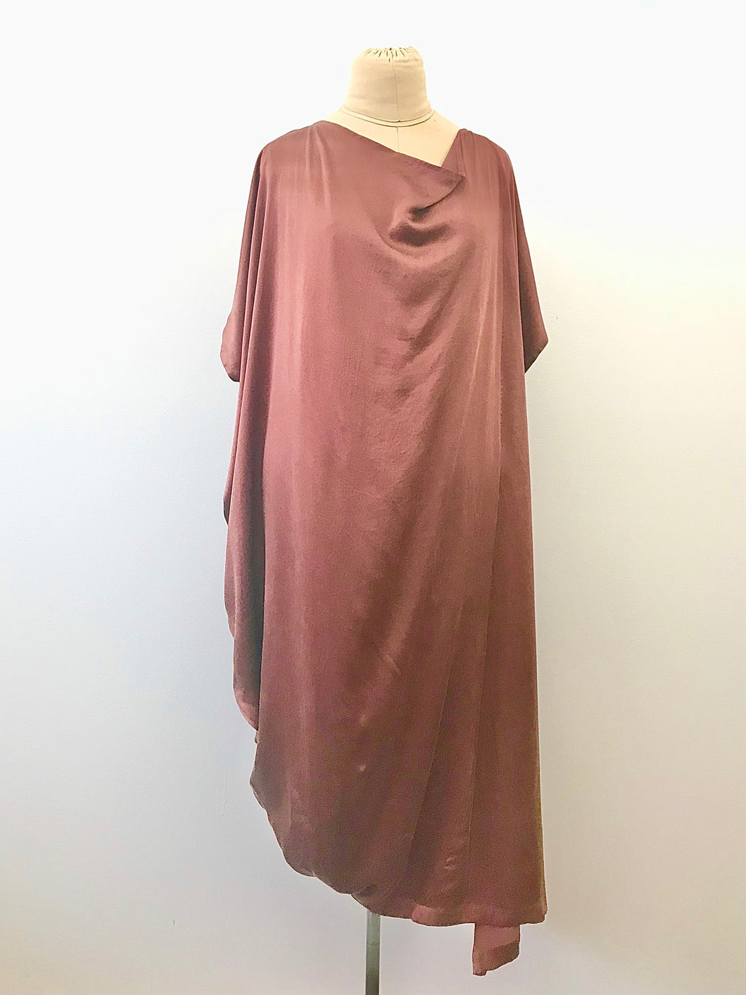 1980's Coco Brown Silk Asymmetrical Drape Dress by Laise Adzer