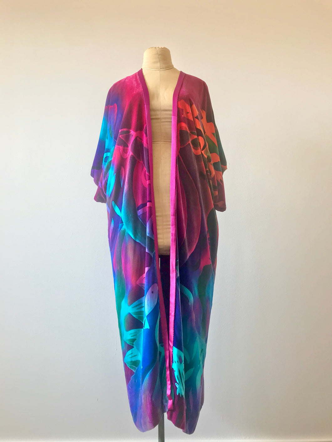 1980's Hand Painted Silk Velvet Rainbow Kimono by Laise Adzer