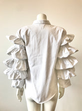 Load image into Gallery viewer, 1990's White Cha Cha Ruffle Sleeved Cotton Blouse by Fashionplate