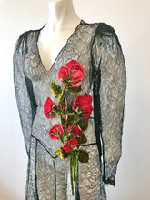 Load image into Gallery viewer, 1930's Black Lace Gown with 3 Dimensional Velvet Roses