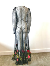 Load image into Gallery viewer, 1930's Black Lace Gown with 3 Dimensional Velvet Roses