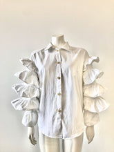Load image into Gallery viewer, 1990's White Cha Cha Ruffle Sleeved Cotton Blouse by Fashionplate