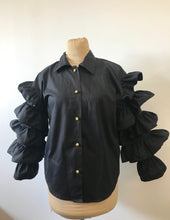 Load image into Gallery viewer, 1990's Black Cha Cha Ruffle Blouse by Fashionplate
