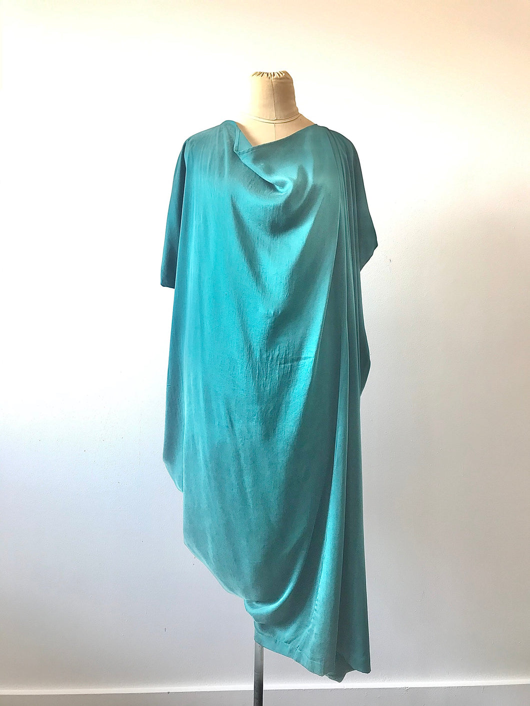1980's Teal Silk Asymmetrical Drape Dress by Laise Adzer