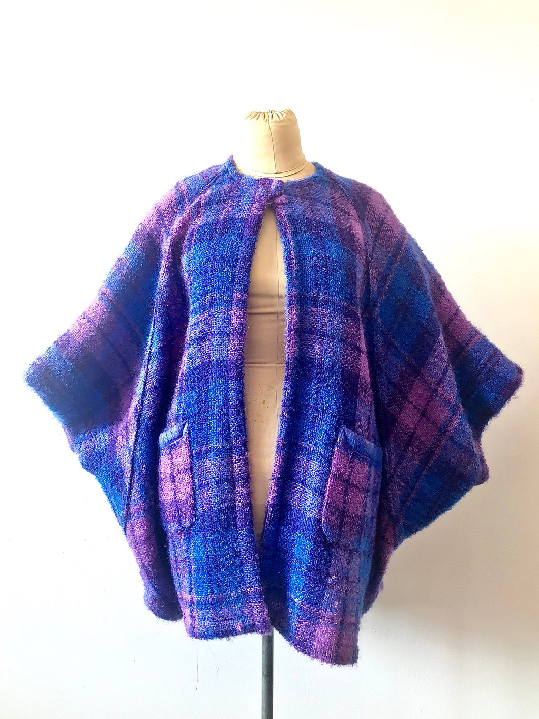 1980's Irish Wool Reversible Purple & Blue Batwing Coat by Donegal Design