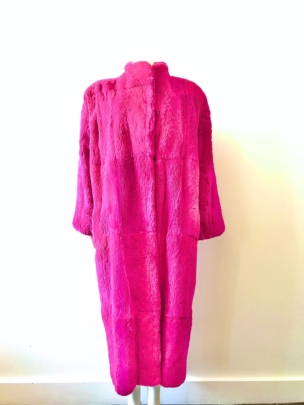 1980's Hot Pink Full Length Rabbit Fur Coat by Carol Little
