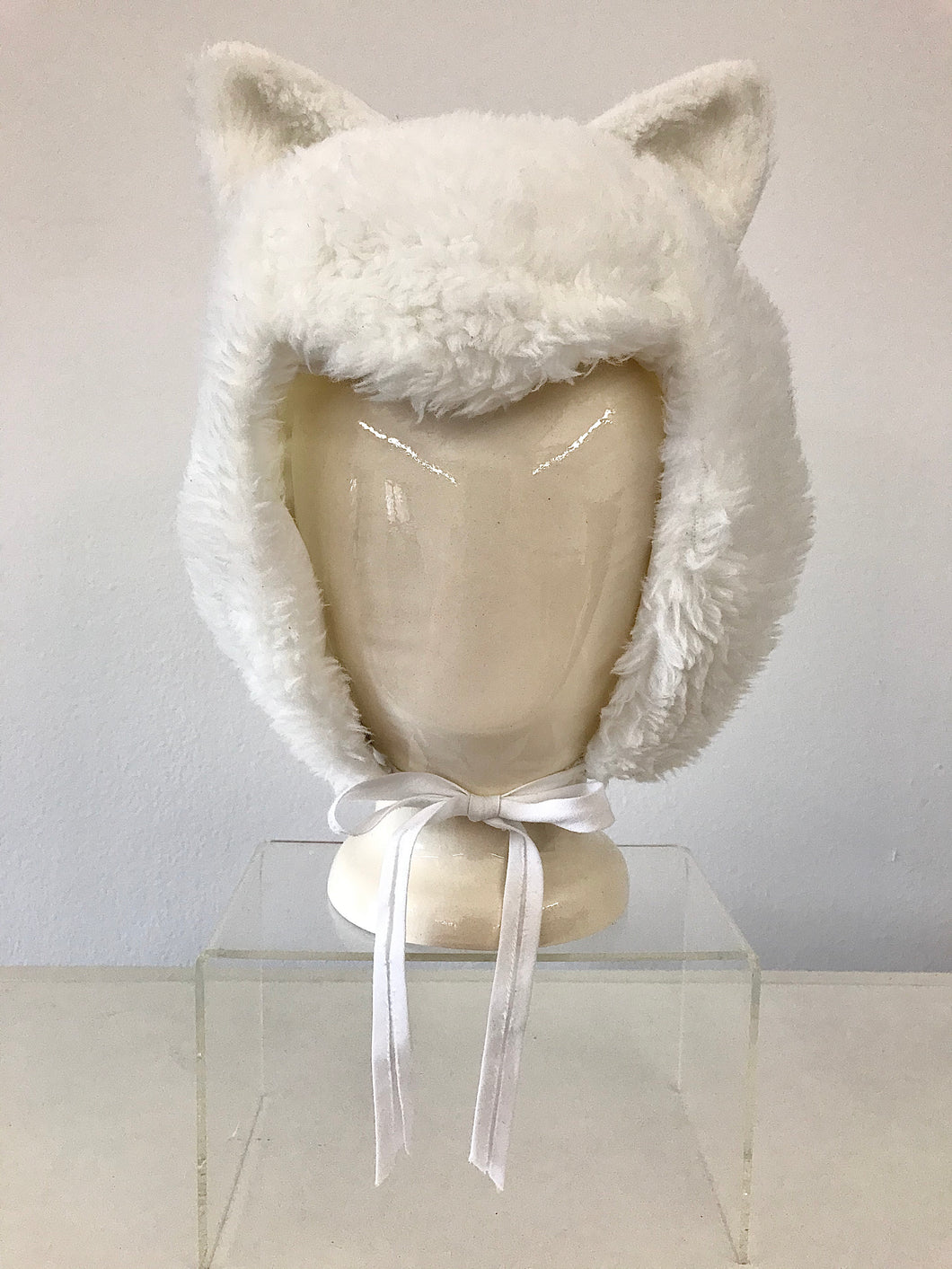 1980's Handmade Fun Fur White Kitty Cat Bonnet