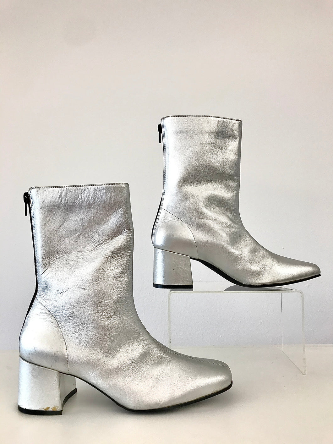 1990's Silver Leather Go-Go Ankle Boots By BONGO