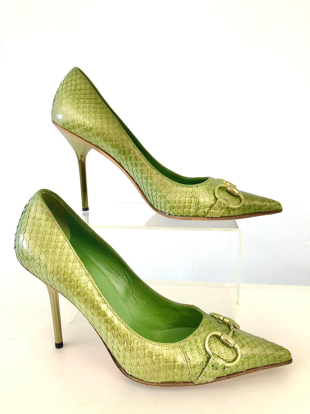 1990's Green Snake Skin Horse Bit Heels by Gucci