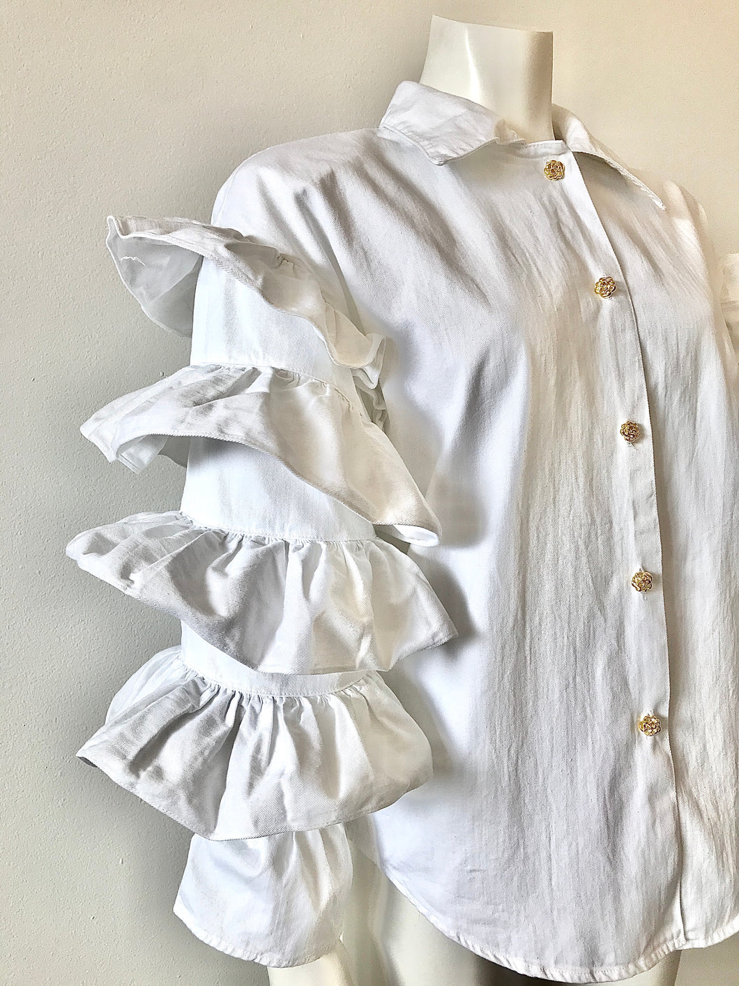 1990's White Cha Cha Ruffle Sleeved Cotton Blouse by Fashionplate