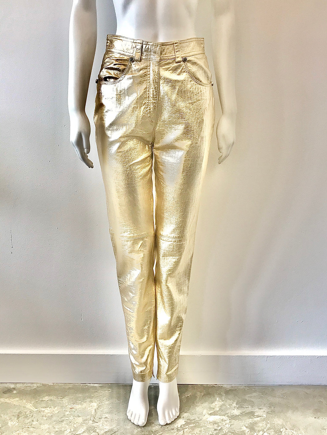 1980's Metallic Gold Reptile Print Leather Pants By Gianni Versace