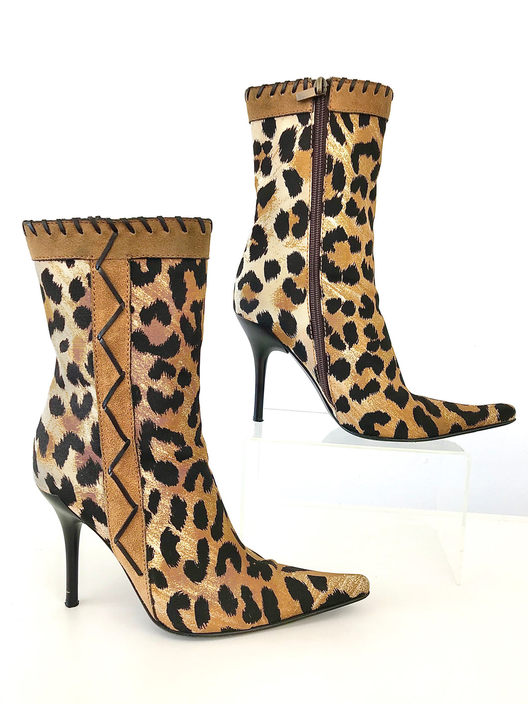 2000's Leopard Print Fabric Stiletto Ankle Boots by Casadei